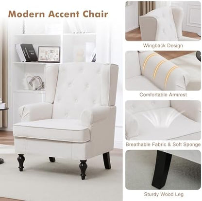 Accent Chair Set of 2, Mid Century Modern Upholstered Armchair, Wingback Chair with Tufted High Back and Solid Legs, Comfy Single Sofa Side Reading Chair for Living Room Bedroom, Beige