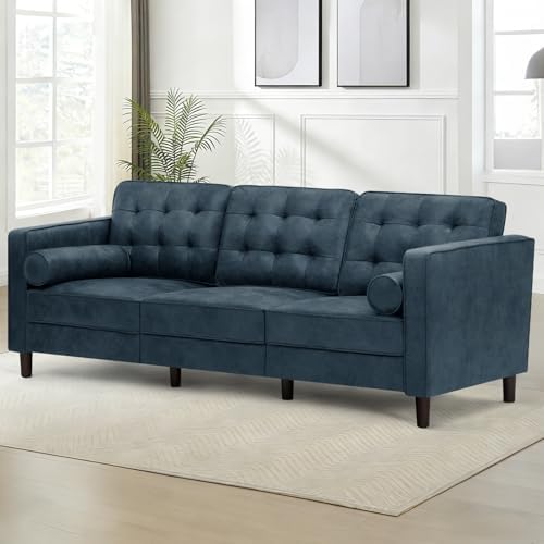 84" Suede Leather Sofa with 2 Soft Pillows, Blue
