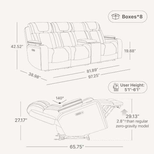 Watson & Whitely Power Reclining Sofa 3-Seat with Console, Light Grey