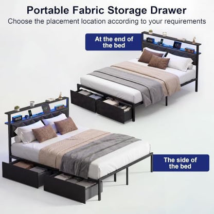 Queen Bed Frame with LED Lights, Charging Station & 2 Storage Drawers, Metal Platform with Upholstered Headboard, No Box Spring Needed, Easy Assembly