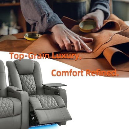 comfiroom Top-Grain Leather Home Theater Seating, Dual-Motor Power Recliner