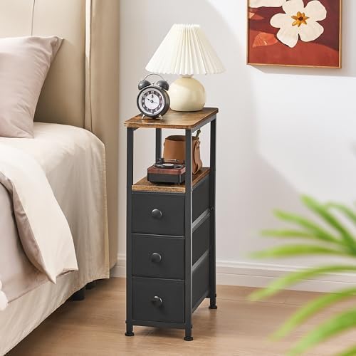 End Table, Narrow Side Table with 3 Fabric Drawers, Slim Nightstand, Small Bedside Table with Storage, Living Room, Bedroom, Rustic Brown HKET1300BR