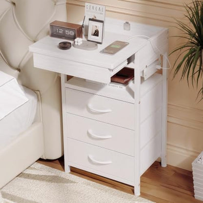 Nightstand with Lockable Hidden Compartment, 3 Drawers, White