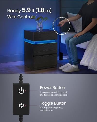 VASAGLE LED Nightstand with Charging Station, Set of 2, 3 Drawers