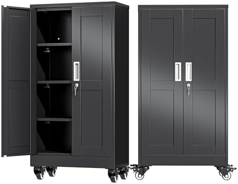Ckzbx Metal Garage Storage Cabinet with Locking Doors and Adjustable Shelves, 45.6" H Rolling Tool Storage with Wheels for Garage,Office (Black)