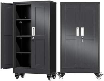 Ckzbx Metal Garage Storage Cabinet with Locking Doors and Adjustable Shelves, 45.6" H Rolling Tool Storage with Wheels for Garage,Office (Black)