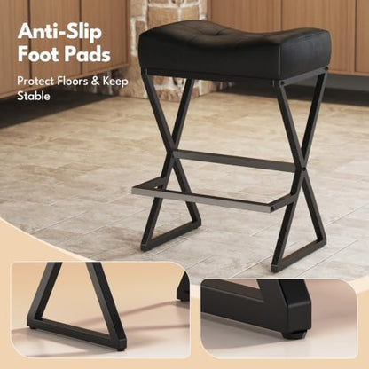 Counter Height Bar Stools Set of 2, Backless 26" Saddle Barstools, Black
