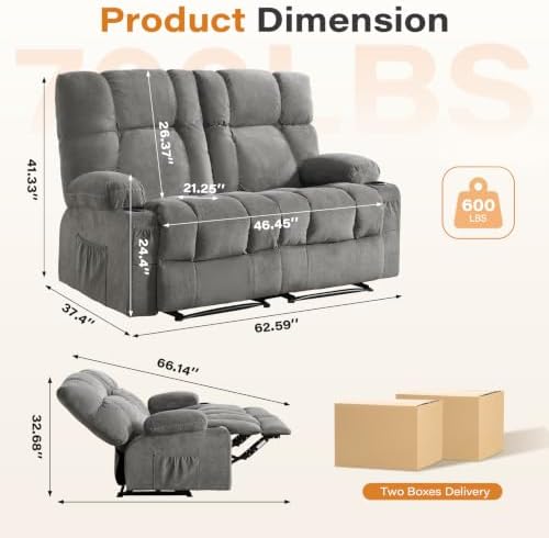 Oversized Fabric Reclining Loveseat Sofa for Living Room with Cup Holders