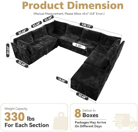 CAODOC 8 Seat Modular Sectional Couch,Corduroy,Convertible U/L-Shaped,Black