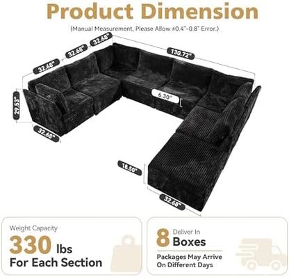 CAODOC 8 Seat Modular Sectional Couch,Corduroy,Convertible U/L-Shaped,Black