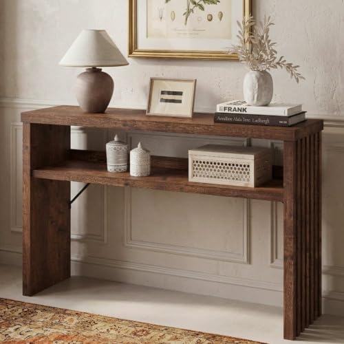 BON AUGURE 47 Inch Narrow Entryway Table, Fluted Console Table, Rustic Oak
