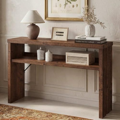 BON AUGURE 47 Inch Narrow Entryway Table, Fluted Console Table, Rustic Oak