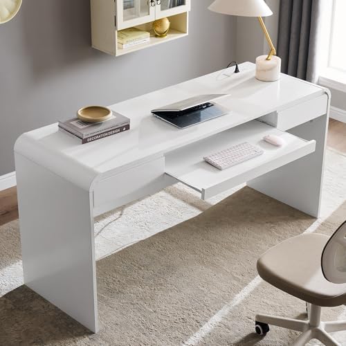63" Modern Computer Desk with 2 Drawers, Wood Curved (White)