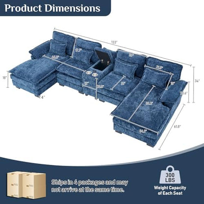 OUYESSIR 132" U Shaped Cloud Sectional Couch with USB Port, Dark Blue