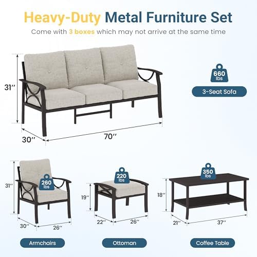 RoyalCraft Outdoor Patio Furniture Set, 7 Seats Outdoor Patio Set with 4" Thick Cushion, All-Weather Metal Patio Sofa with Coffee Table, Outdoor Sectional Furniture for Porch Backyard, Khaki&Beige