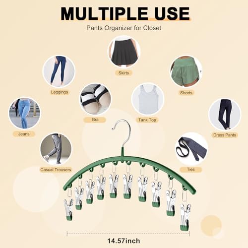 Legging Organizer for Closet, Metal Yoga Pants Hangers 2 Pack w/10 Clips Holds 20 Leggings, Space Saving Hanging Closet Organizer w/Rubber Coated Closet Organizers and Storage, Green