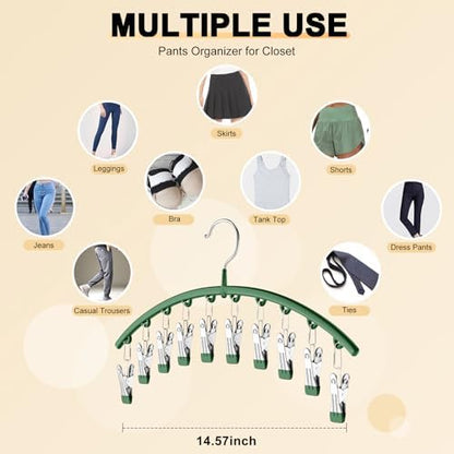 Legging Organizer for Closet, Metal Yoga Pants Hangers 2 Pack w/10 Clips Holds 20 Leggings, Space Saving Hanging Closet Organizer w/Rubber Coated Closet Organizers and Storage, Green