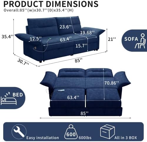 85" Convertible Queen Pull Out Sleeper Sofa Bed with USB Port, Blue