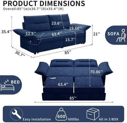 85" Convertible Queen Pull Out Sleeper Sofa Bed with USB Port, Blue