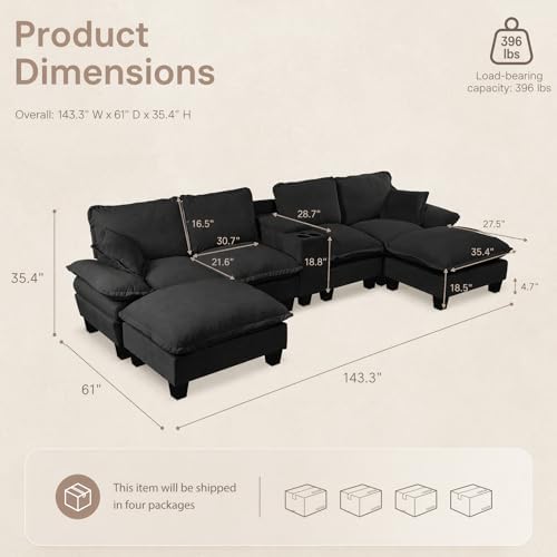 143.3" Oversized Sectional Couches with Cup Holder & USB Port, 4 Seat U-Shape Boneless Couch with 2 Ottomans & Pillows, Chenille Modern Cloud Black Sofa for Living Room, Apartment