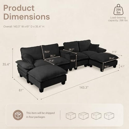 143.3" Oversized Sectional Couches with Cup Holder & USB Port, 4 Seat U-Shape Boneless Couch with 2 Ottomans & Pillows, Chenille Modern Cloud Black Sofa for Living Room, Apartment