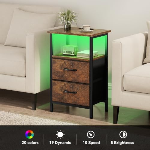 Vagusicc Nightstands Set of 2 Charging Station, End Tables with LED Lights, Bedside Table with 2 Fabric Drawers & Storage Shelves, 24.2" Tall Side Table Night Stand Set 2 for Bedroom, Rustic Brown