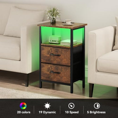 Vagusicc Nightstands Set of 2 Charging Station, End Tables with LED Lights, Bedside Table with 2 Fabric Drawers & Storage Shelves, 24.2" Tall Side Table Night Stand Set 2 for Bedroom, Rustic Brown