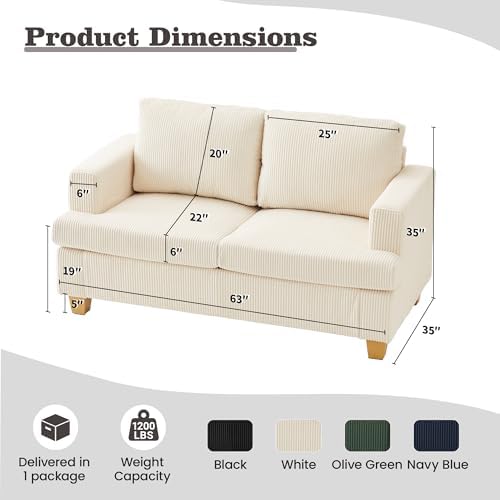 Apicizon 3 Piece Sofa Set 89'' 3-Seat Couch Sofa with Loveseat, Set of 3 Corduroy Couches for Living Room, Modern Lounge Sofa Couches for Apartment Lounge, White Corduroy Living Room Set