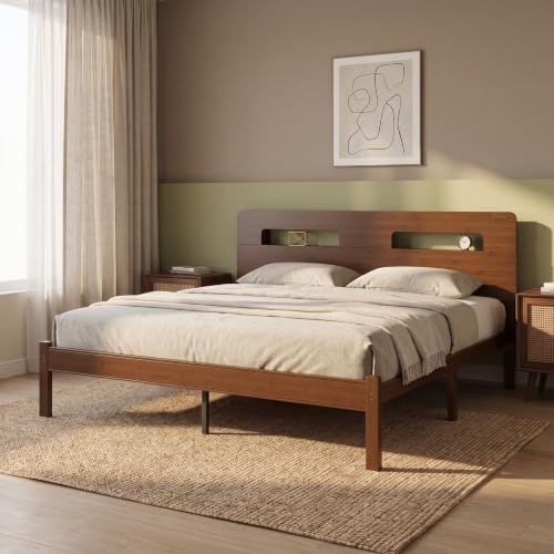 14" Bamboo Wood King Size Bed Frame with Storage Headboard