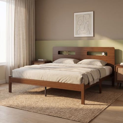 14" Bamboo Wood King Size Bed Frame with Storage Headboard
