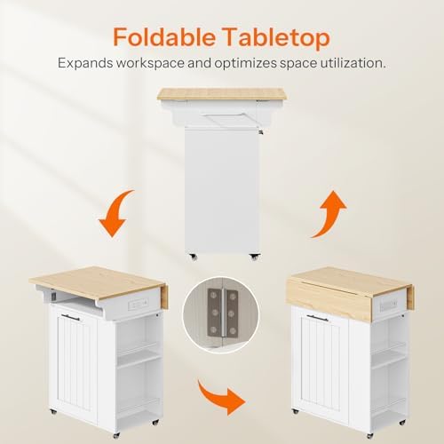 HOOBRO Kitchen Island with Trash Can Storage, Rolling Kitchen Island with Drop Leaf Countertop, Island Table with Power Outlet & Spice Rack, for 10 Gallon Garbage Bin, White and Natural WN33UZD01