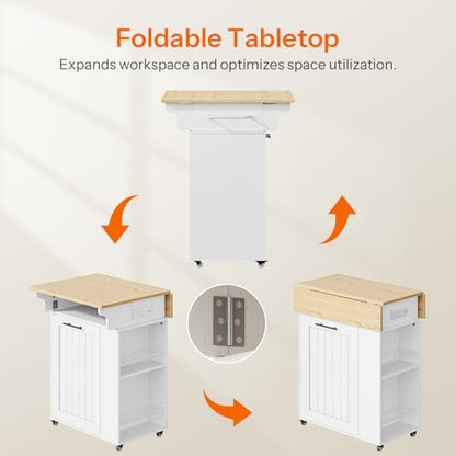 HOOBRO Kitchen Island with Trash Can Storage, Rolling Kitchen Island with Drop Leaf Countertop, Island Table with Power Outlet & Spice Rack, for 10 Gallon Garbage Bin, White and Natural WN33UZD01