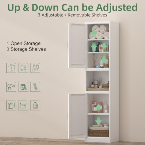Tall Bathroom Cabinet, Slim Cabinet with 3 Adjustable Shelves, 2 Doors Narrow Storage for Bathroom, 67" H Floor Cabinet for Entryway, Kitchen, White