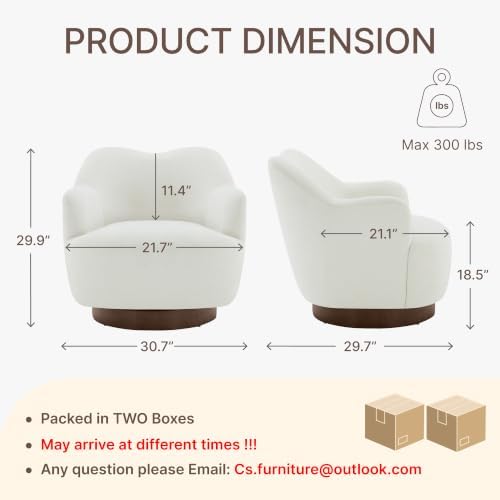 Swivel Accent Chair with Curved Arms, Wooden Base, Cream White, Set of 2