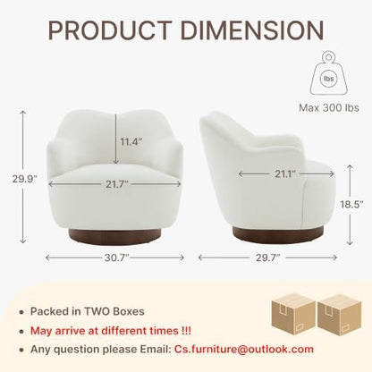 Swivel Accent Chair with Curved Arms, Wooden Base, Cream White, Set of 2