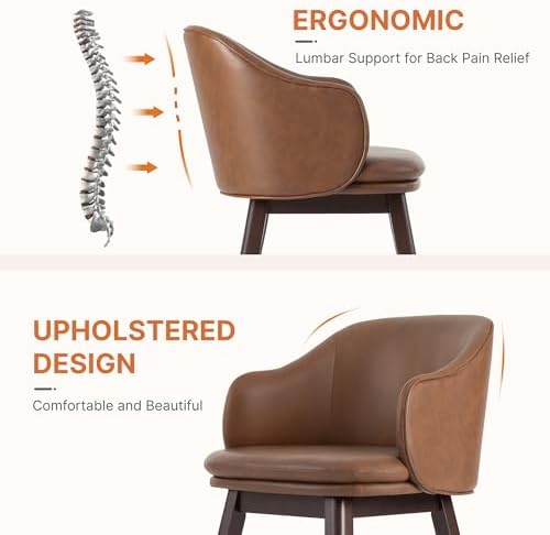 KISLOT Wooden Dining Chairs Set of 4, Faux Leather Upholstered Modern Dining Room Chairs with Barrel Backrest & Double-Layer Thick Cushion for Living Room, Restaurant, Kitchen and Café, Brown, 2 Boxs