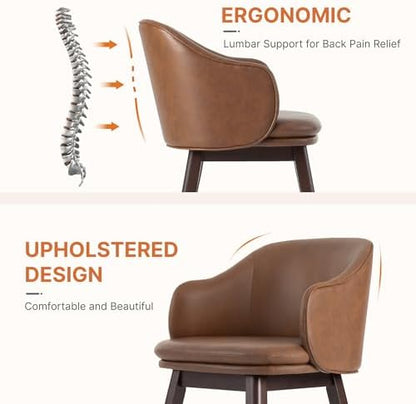 KISLOT Wooden Dining Chairs Set of 4, Faux Leather Upholstered Modern Dining Room Chairs with Barrel Backrest & Double-Layer Thick Cushion for Living Room, Restaurant, Kitchen and Café, Brown, 2 Boxs
