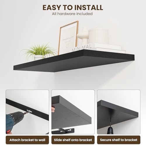 Dreamland 24" Floating Shelves for Wall, 12" Deep Slim Black Floating Shelves, Wall-Mounted Shelves for Bedroom, Living Room, Kitchen, Bathroom - Set of 2