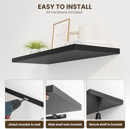 Dreamland 24" Floating Shelves for Wall, 12" Deep Slim Black Floating Shelves, Wall-Mounted Shelves for Bedroom, Living Room, Kitchen, Bathroom - Set of 2