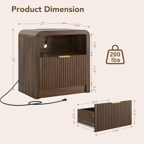 Decofy 23'' Wide Fluted Nightstand Set of 2 with Charging Station, Walnut