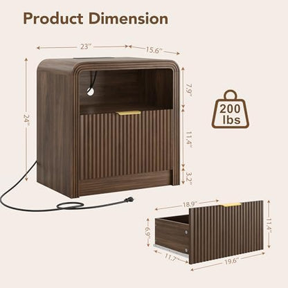 Decofy 23'' Wide Fluted Nightstand Set of 2 with Charging Station, Walnut