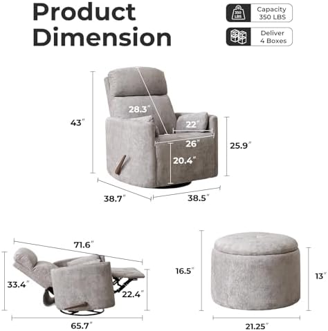 Oversized Swivel Rocker Recliner Chair with Massage and Heat, Manual Swivel Glider Rocker Recliner with 2 Bolster Pillows, Rocking Nursery Chair with Storage Ottoman , Adjustable Headrest, Light Grey