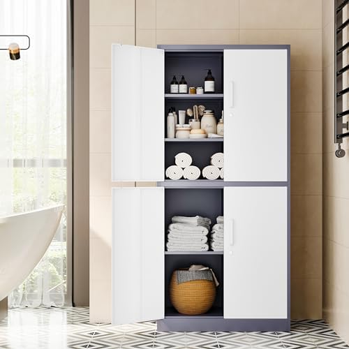 Fesbos 71' Metal Storage - Lockable File Cabinet with Doors & Shelves - Gray/White Steel for Garage, Home, Office