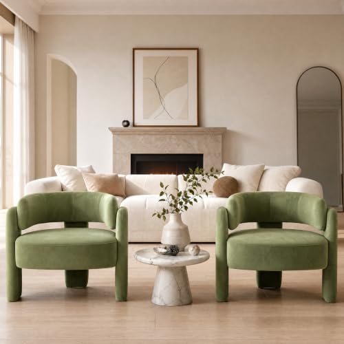 Velvet Barrel Accent Chairs Set of 2 with 3 Legs, Modern Chenille Comfy Upholstered Armchairs with Curved Back for Bedroom, Reading Corner, Office, Green