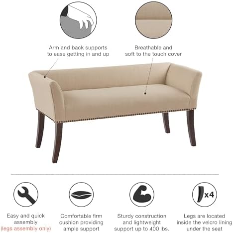 Madison Park Accent Bench, Upholstered with Nailhead Trim, & Padded Seat Entryway Bench Small, End of Bed Bench with Back, 49.5" W x 19.25" D x 23" H, Tan
