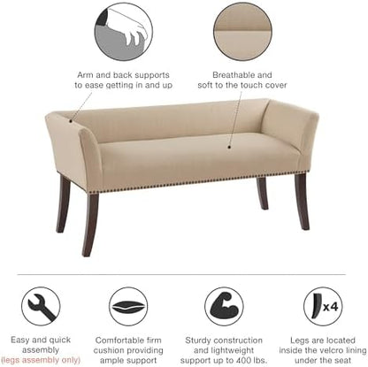 Madison Park Accent Bench, Upholstered with Nailhead Trim, & Padded Seat Entryway Bench Small, End of Bed Bench with Back, 49.5" W x 19.25" D x 23" H, Tan