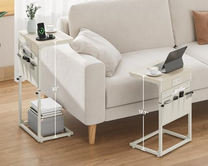 Vagusicc C-Shaped End Table with Charging Station, Small Side Table for Couch, 33" Tall C Table Adjustable Height Side Table, Couch Tables that Slide Under, Sofa Table TV Tray for Living Room, Cream