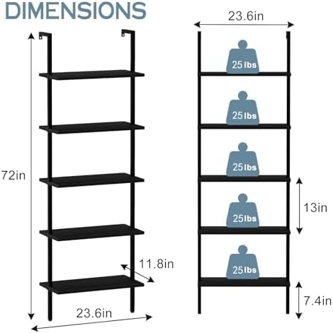 aboxoo Ladder Shelf 2PCS Open Bookshelf 5-Tier Wood Wall-Mounted Black Bookcase Storage Rack Open Industrial Modern Plant Stand Utility Organizer Bookcase Metal Frame Furniture Office Kitchen Bedroom