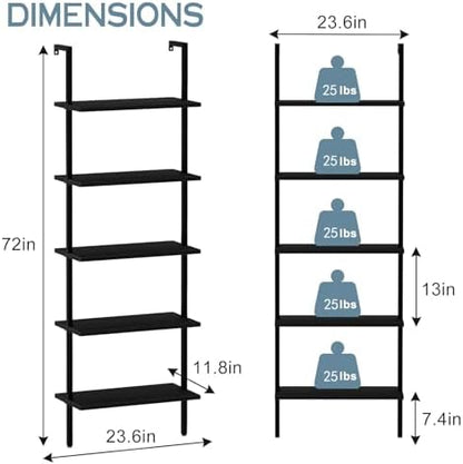 aboxoo Ladder Shelf Open 5-Tier Bookshelf Wall-Mounted Black Wood Bookcase Storage Rack Open Industrial Modern Plant Stand Utility Organizer Bookcase Metal Frame Furniture Office Bedroom