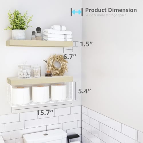 QEEIG Bathroom Shelves Over Toilet Wall Mounted (Natural, Set of 2, 15.7")